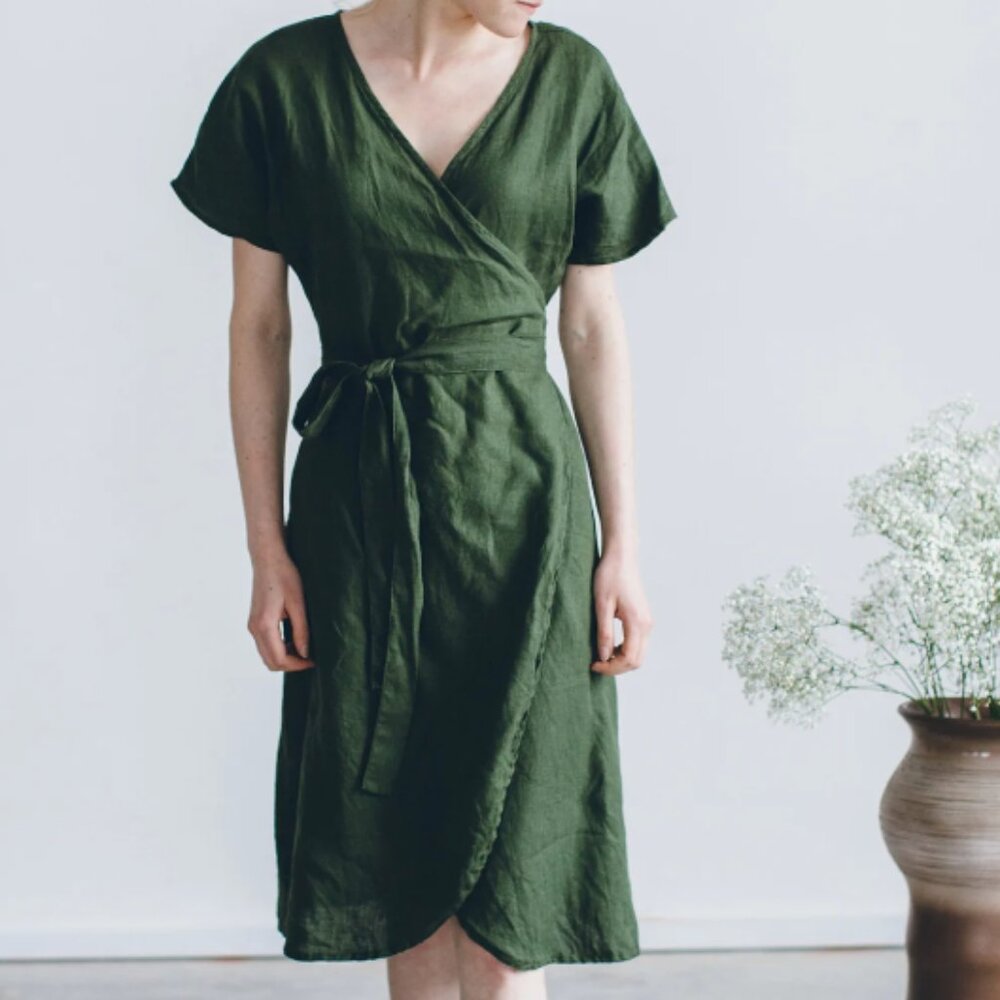 Linenfox Mimosa Linen Midi Dress- Moss Forest Green Sz XXS Ethical/Slow Fashion